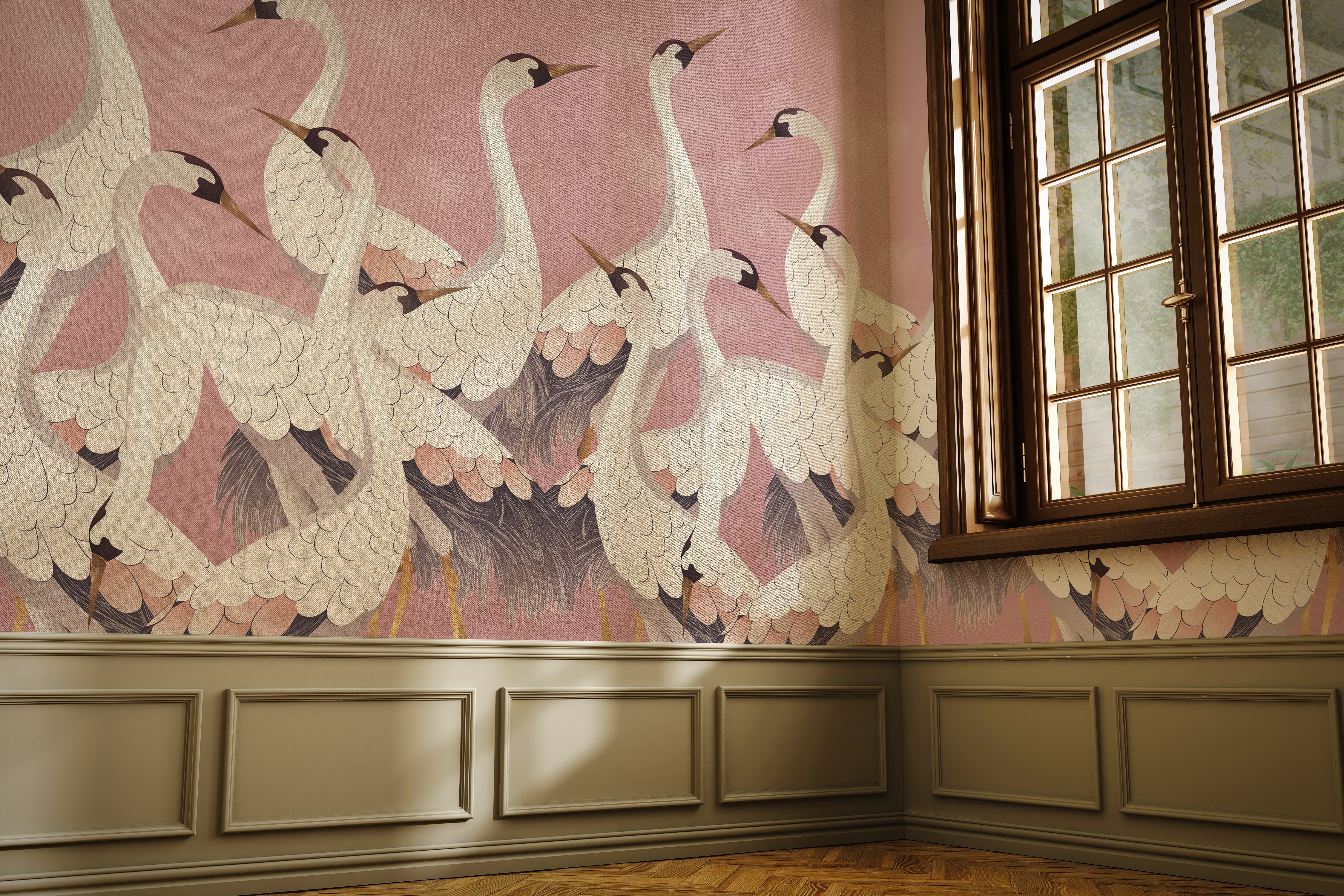 Wallpaper with crane design in a room with wooden flooring and a window.